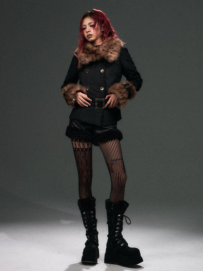 Frustration Garden Warm Wool Blend Belted Vintage Short Doublebreasted Furcollar Black Leopard Coat