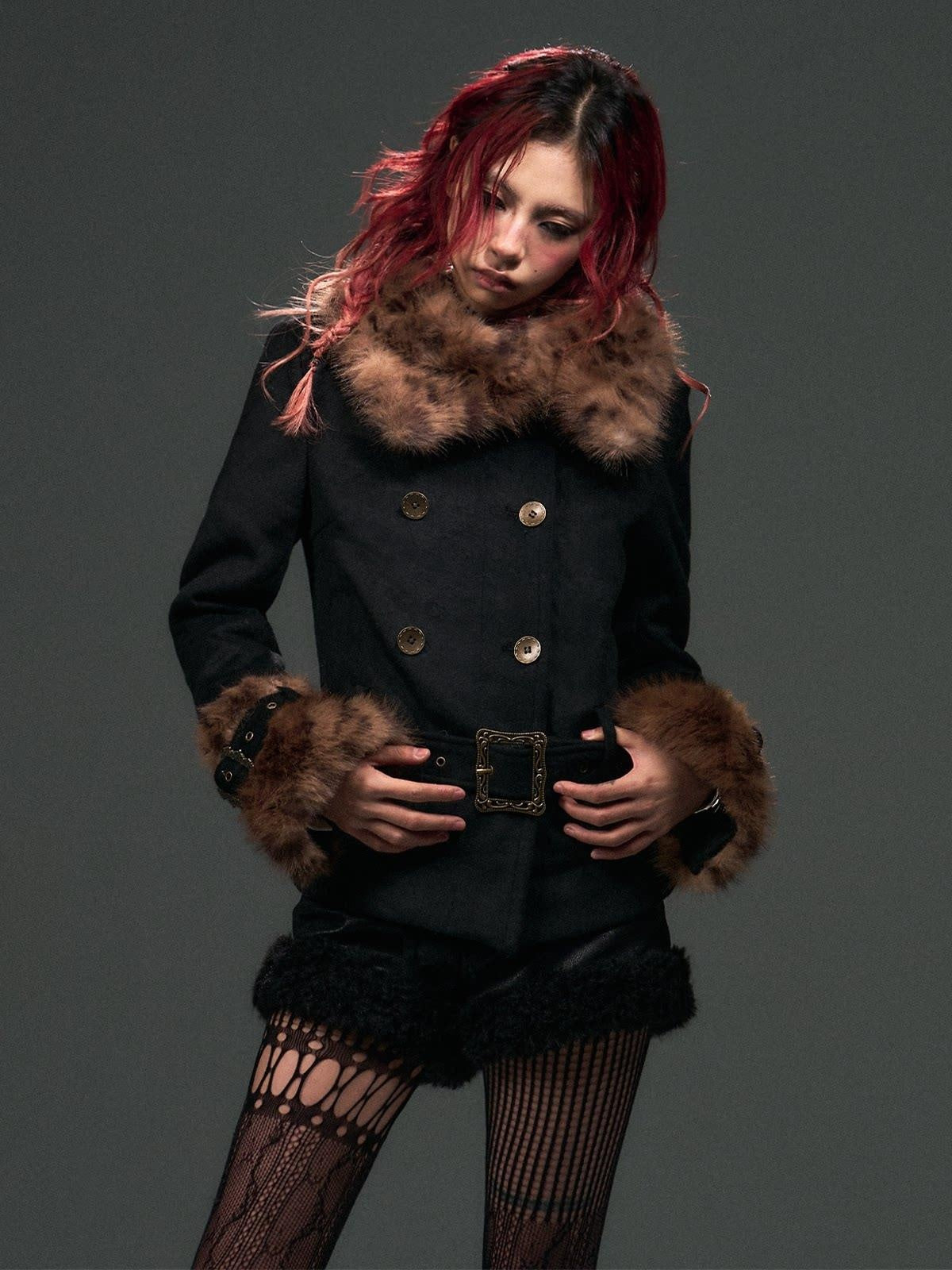Frustration Garden Warm Wool Blend Belted Vintage Short Doublebreasted Furcollar Black Leopard Coat