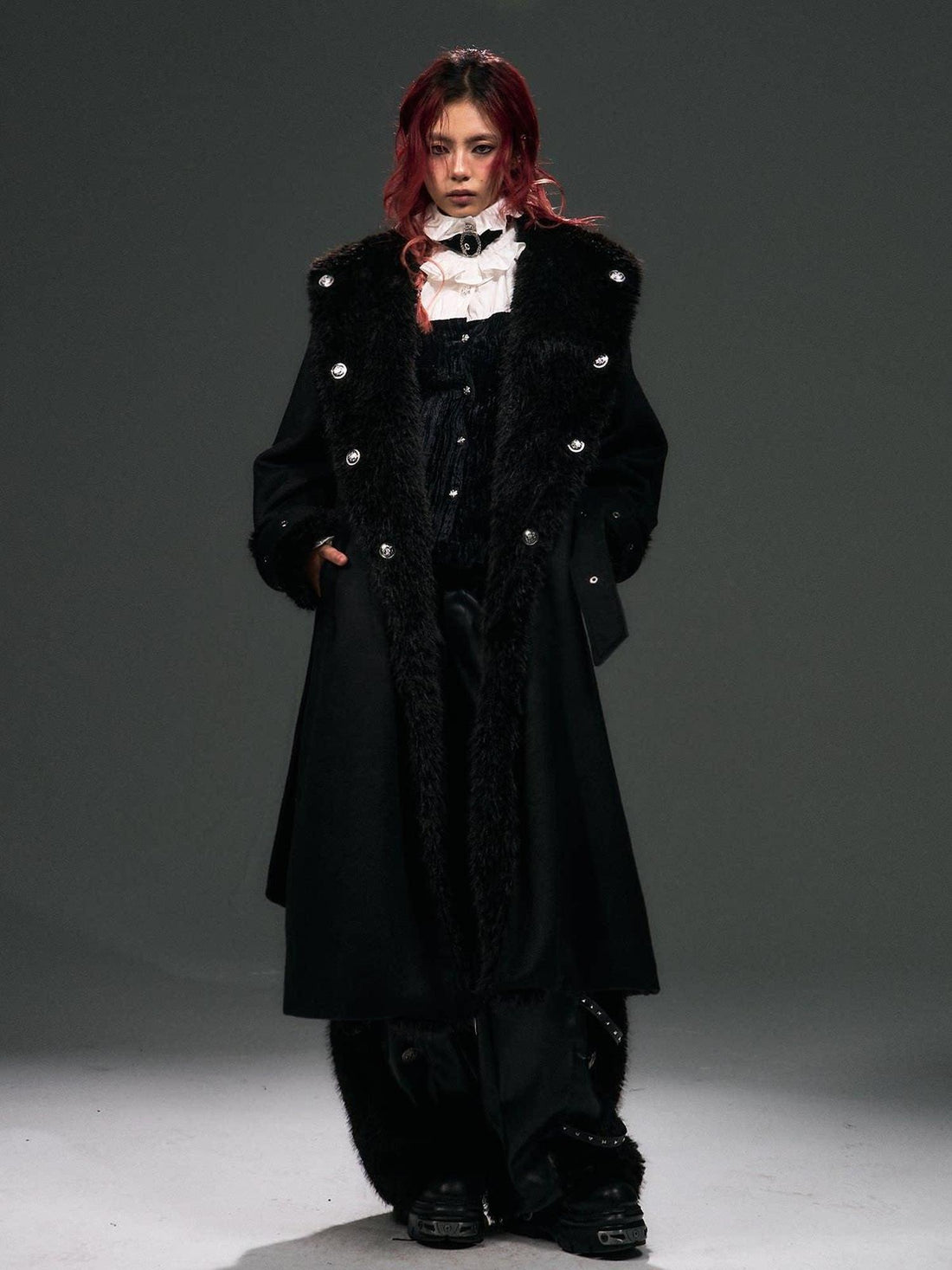 Frustration Garden Warm Wool Blend Regal Loose Fit Fur Collar Longline Black Women Travel Coat