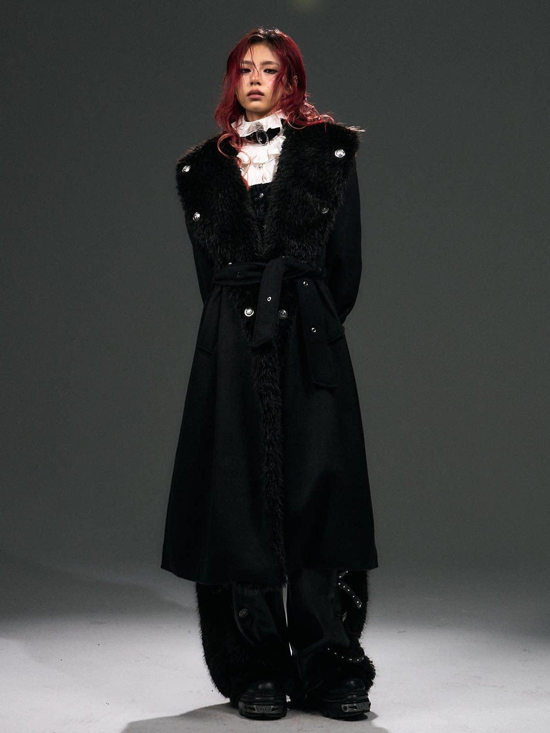 Frustration Garden Warm Wool Blend Regal Loose Fit Fur Collar Longline Black Women Travel Coat