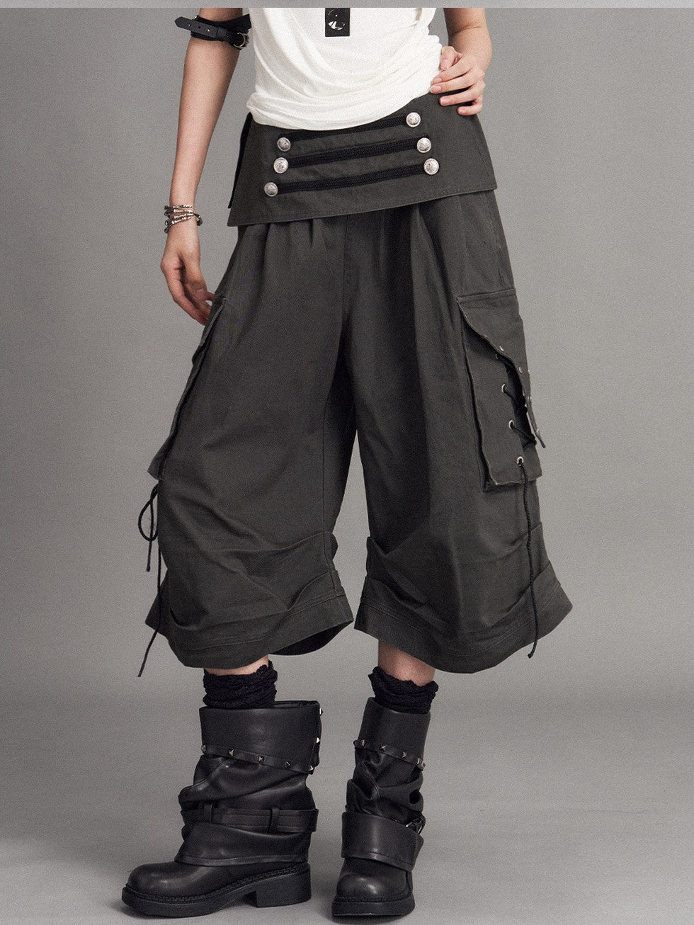 Frustration Garden Washed Distressed Palace Punk Low Waist Wide Leg Cargo Tie Women&