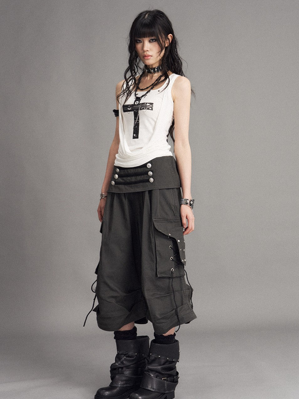 Frustration Garden Washed Distressed Palace Punk Low Waist Wide Leg Cargo Tie Women&