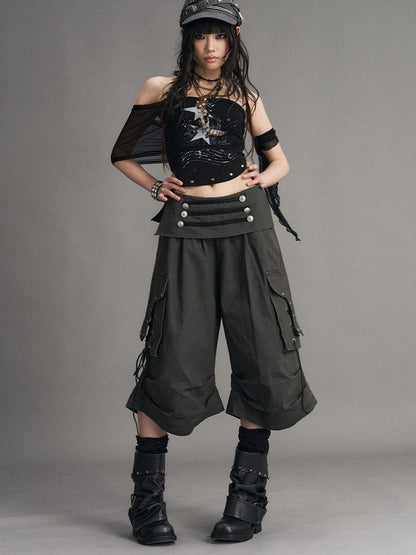 Frustration Garden Washed Distressed Palace Punk Low Waist Wide Leg Cargo Tie Women&