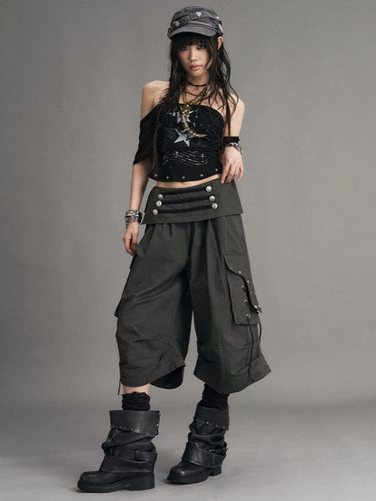 Frustration Garden Washed Distressed Palace Punk Low Waist Wide Leg Cargo Tie Women&