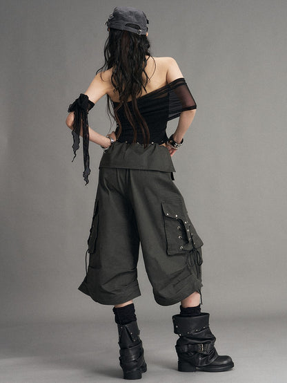 Frustration Garden Washed Distressed Palace Punk Low Waist Wide Leg Cargo Tie Women&