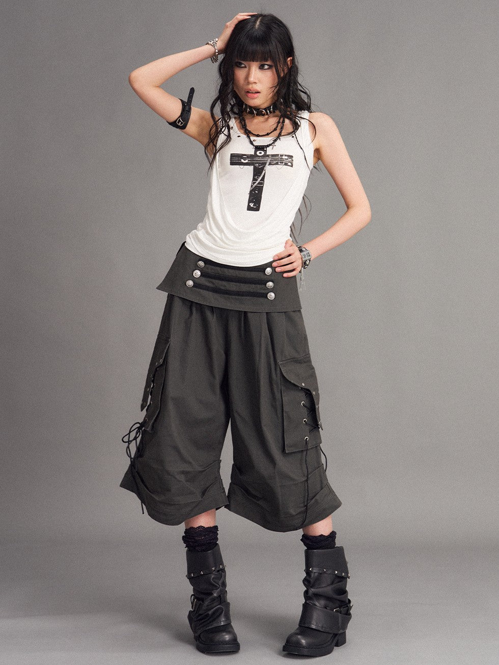 Frustration Garden Washed Distressed Palace Punk Low Waist Wide Leg Cargo Tie Women&