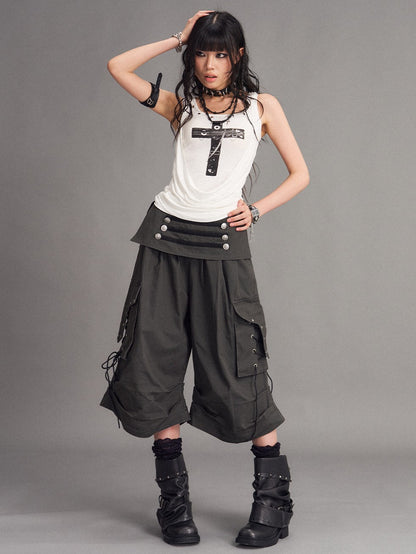 Frustration Garden Washed Distressed Palace Punk Low Waist Wide Leg Cargo Tie Women&