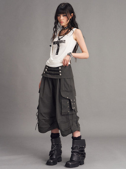 Frustration Garden Washed Distressed Palace Punk Low Waist Wide Leg Cargo Tie Women&