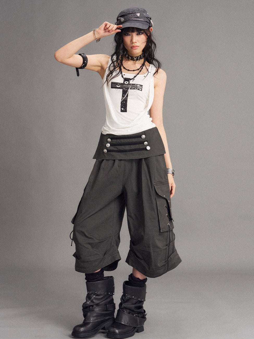 Frustration Garden Washed Distressed Palace Punk Low Waist Wide Leg Cargo Tie Women&
