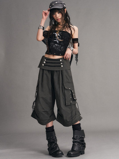 Frustration Garden Washed Distressed Palace Punk Low Waist Wide Leg Cargo Tie Women&