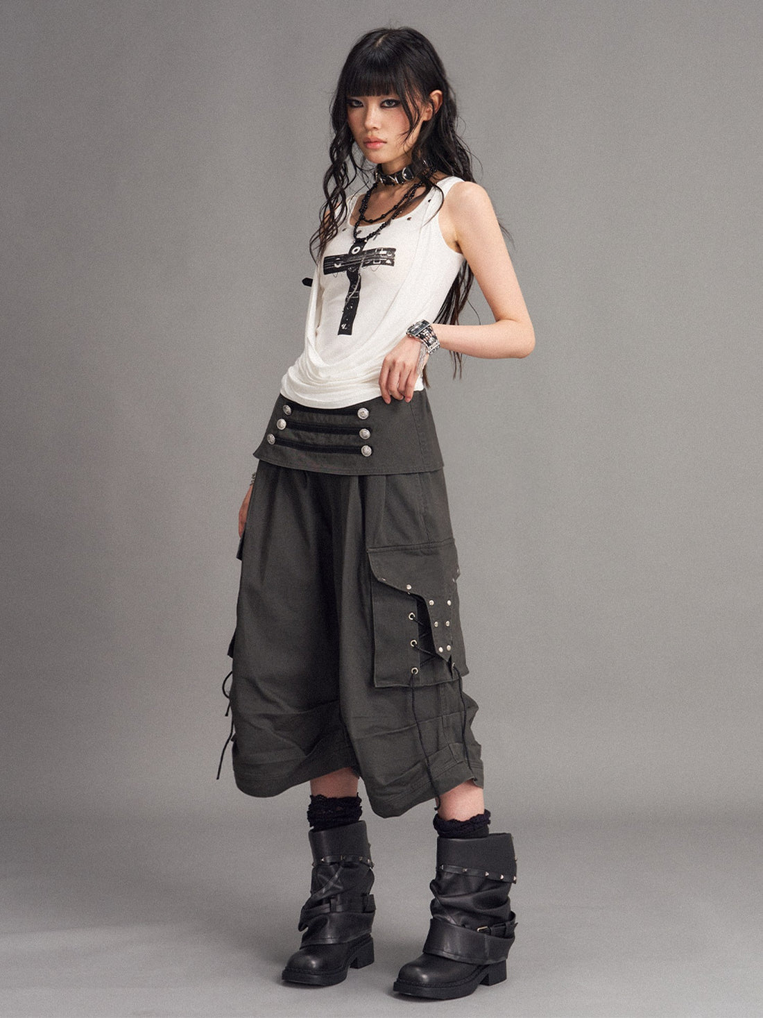 Frustration Garden Washed Distressed Palace Punk Low Waist Wide Leg Cargo Tie Women&