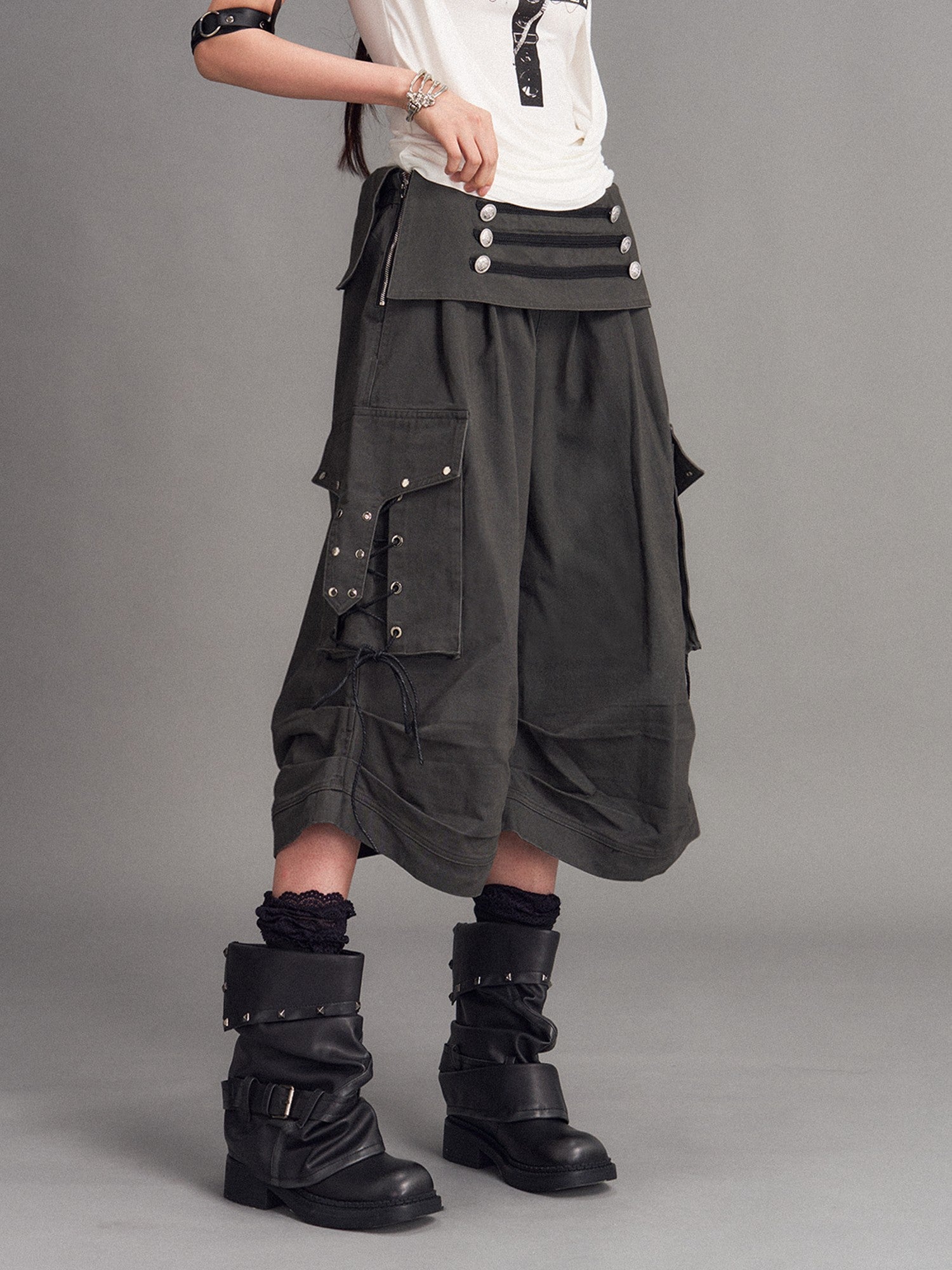 Frustration Garden Washed Distressed Palace Punk Low Waist Wide Leg Cargo Tie Women&