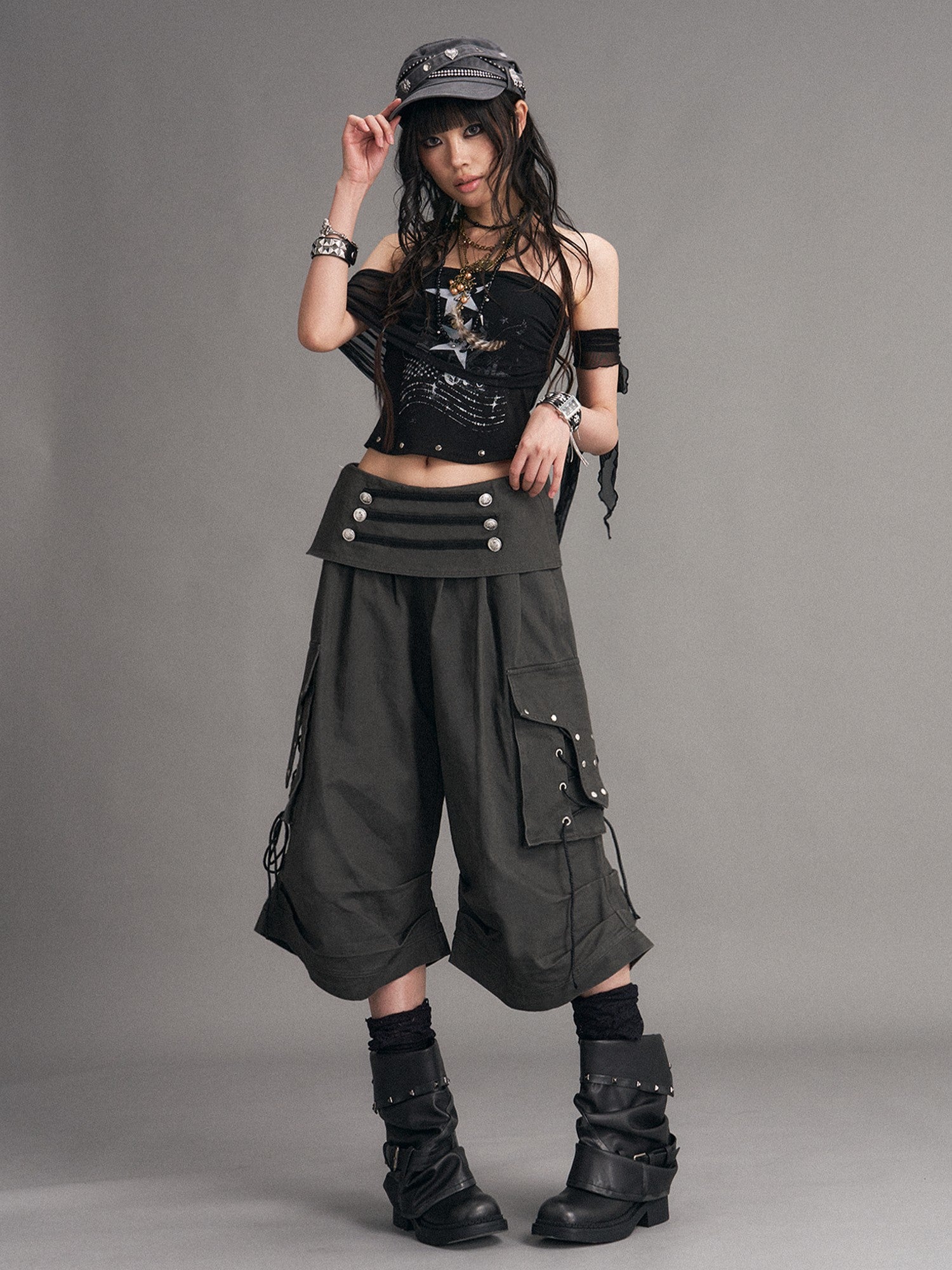 Frustration Garden Washed Distressed Palace Punk Low Waist Wide Leg Cargo Tie Women&