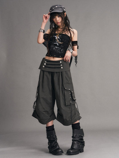 Frustration Garden Washed Distressed Palace Punk Low Waist Wide Leg Cargo Tie Women&