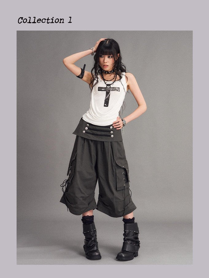 Frustration Garden Washed Distressed Palace Punk Low Waist Wide Leg Cargo Tie Women&