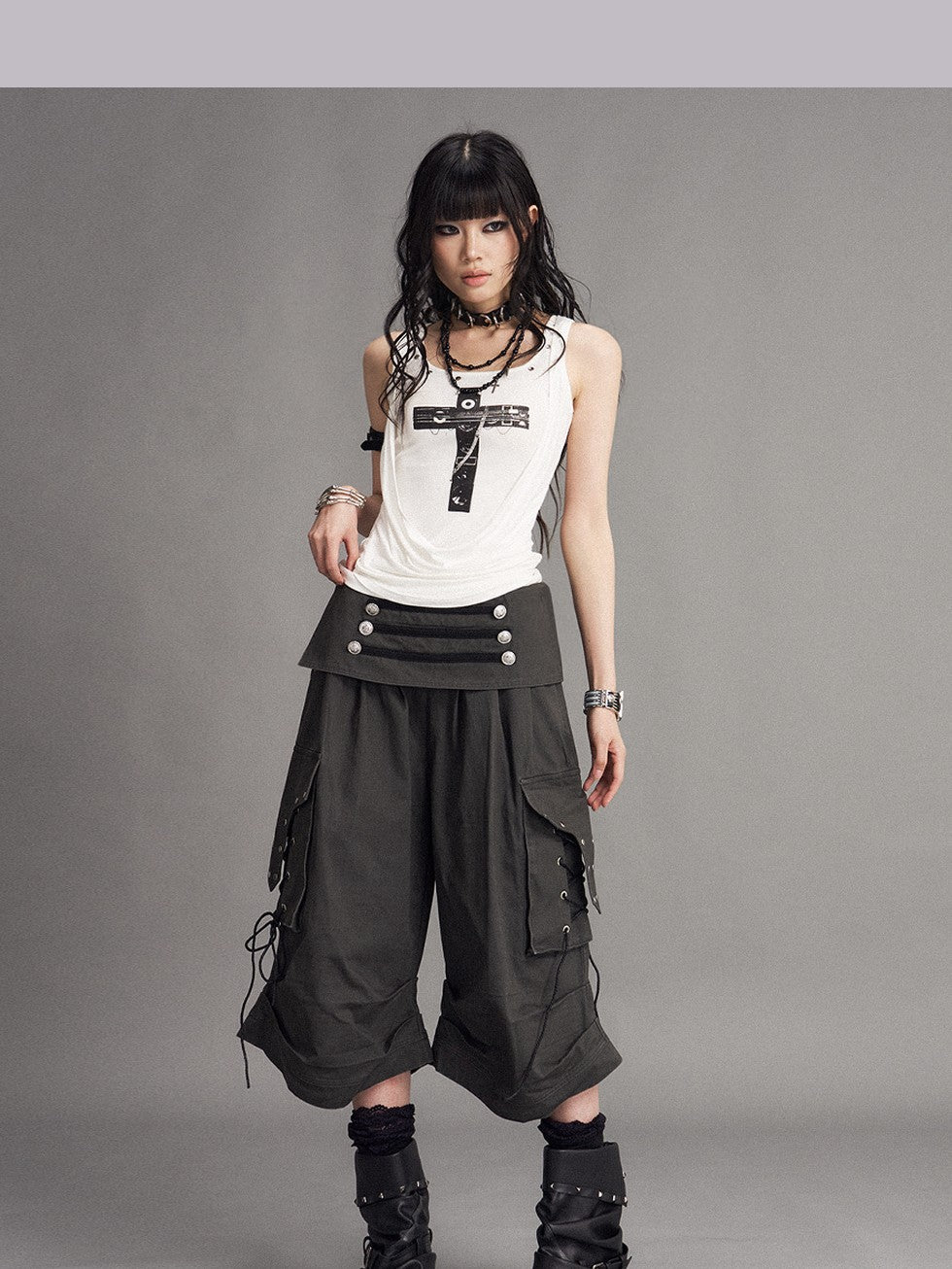 Frustration Garden Washed Distressed Palace Punk Low Waist Wide Leg Cargo Tie Women&