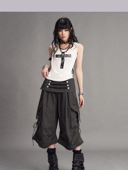 Frustration Garden Washed Distressed Palace Punk Low Waist Wide Leg Cargo Tie Women&