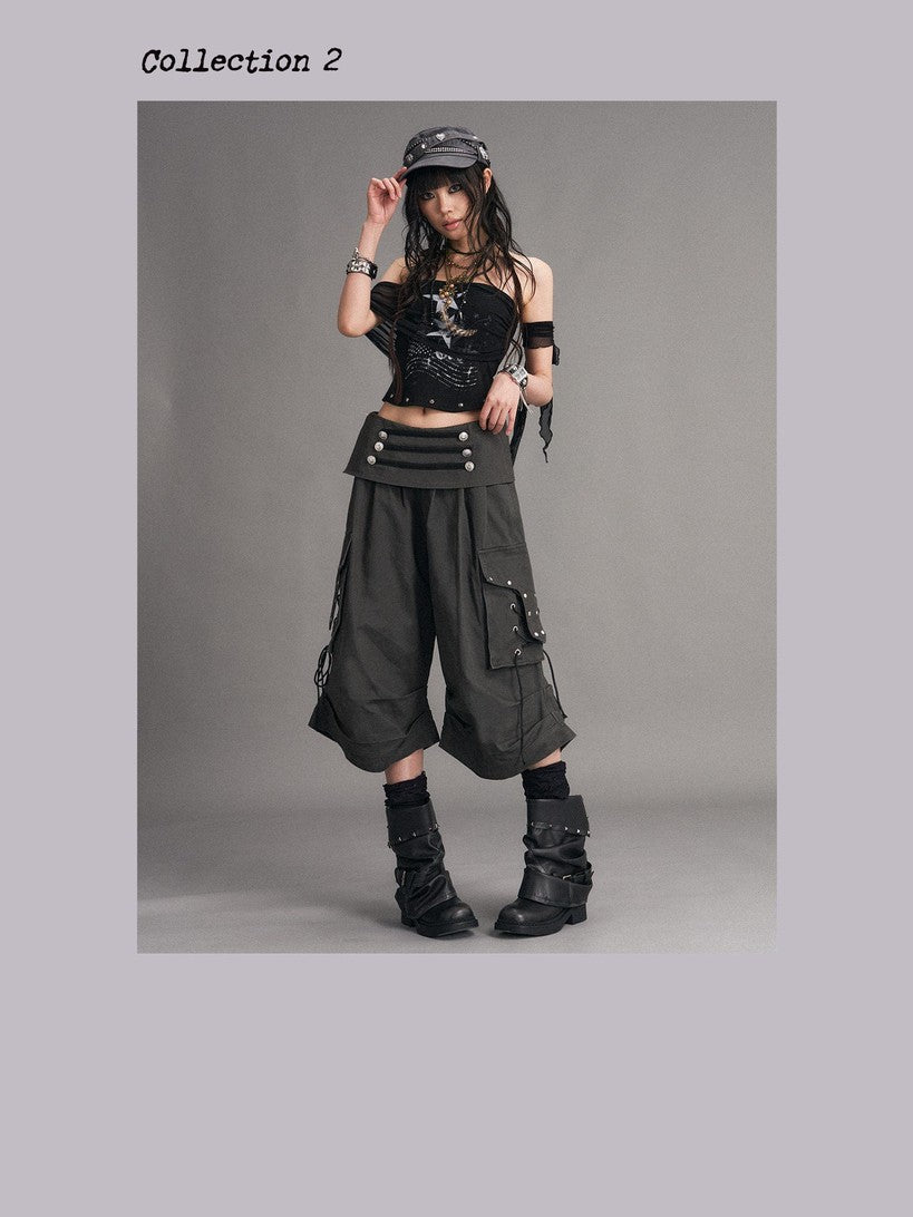 Frustration Garden Washed Distressed Palace Punk Low Waist Wide Leg Cargo Tie Women&