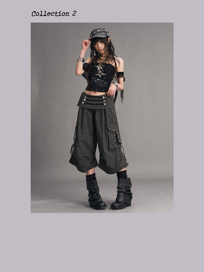 Frustration Garden Washed Distressed Palace Punk Low Waist Wide Leg Cargo Tie Women&
