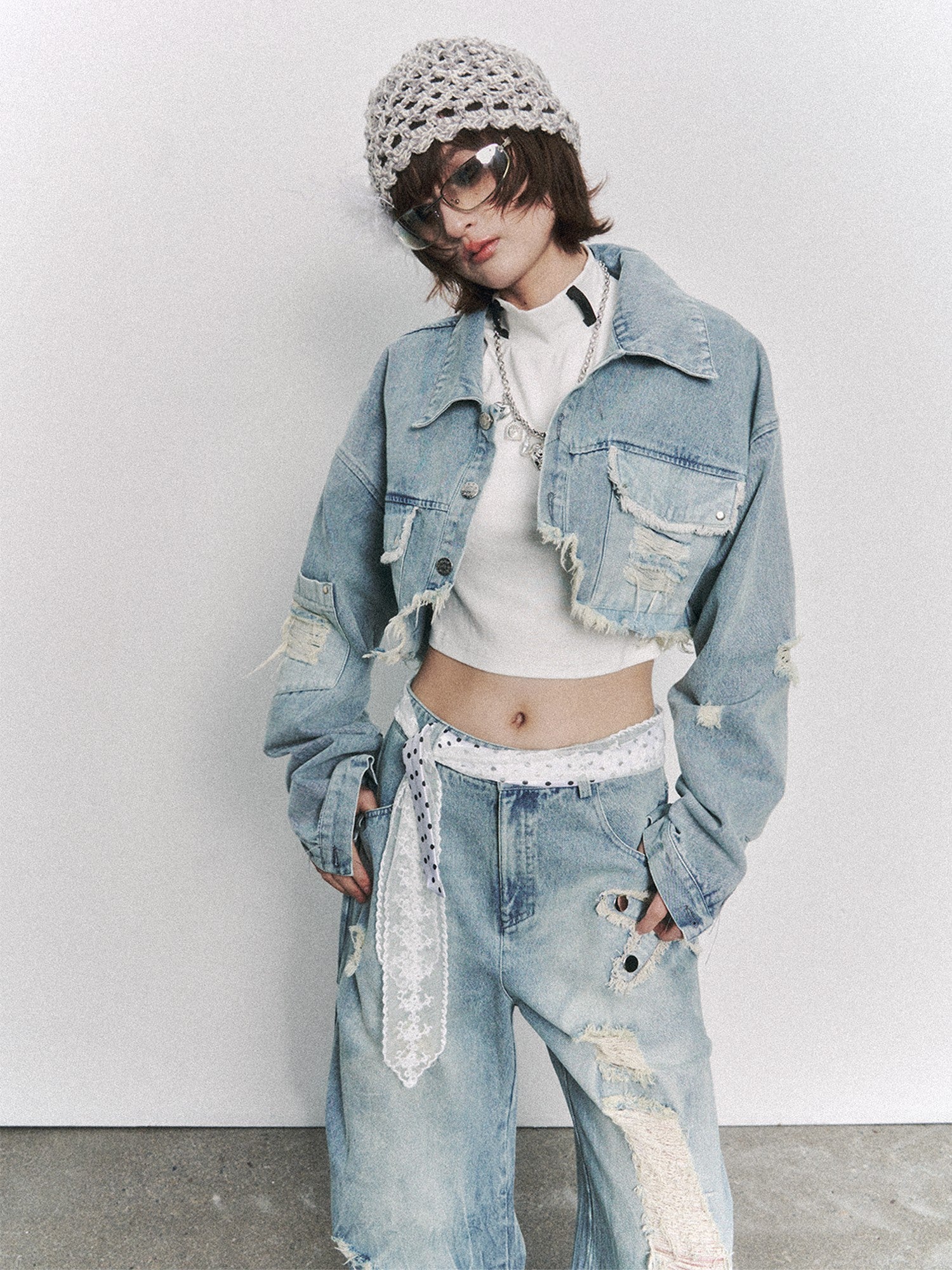 Frustration Garden Washed Frayed Distressed Asymmetric Pocket Women&