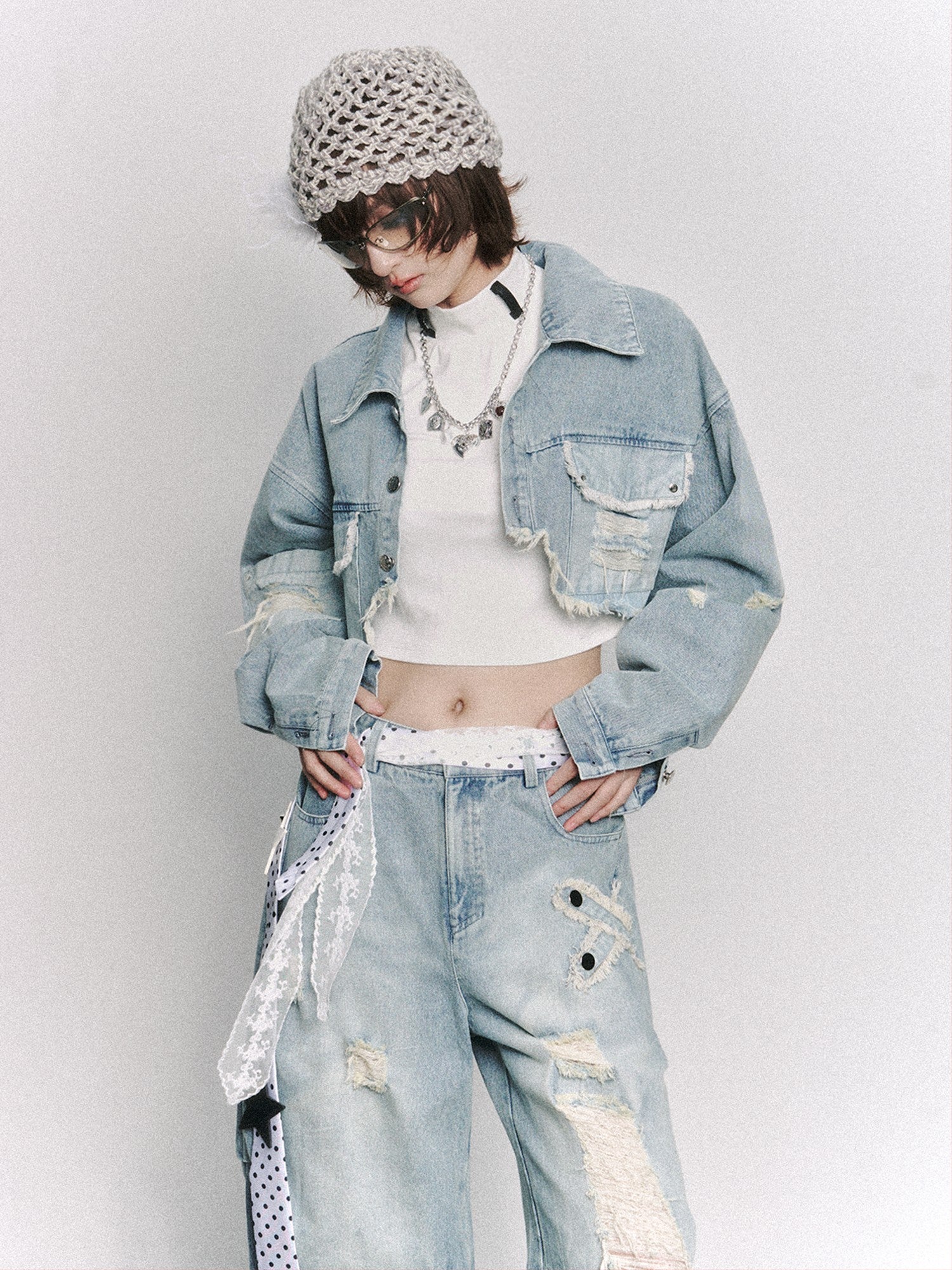 Frustration Garden Washed Frayed Distressed Asymmetric Pocket Women&