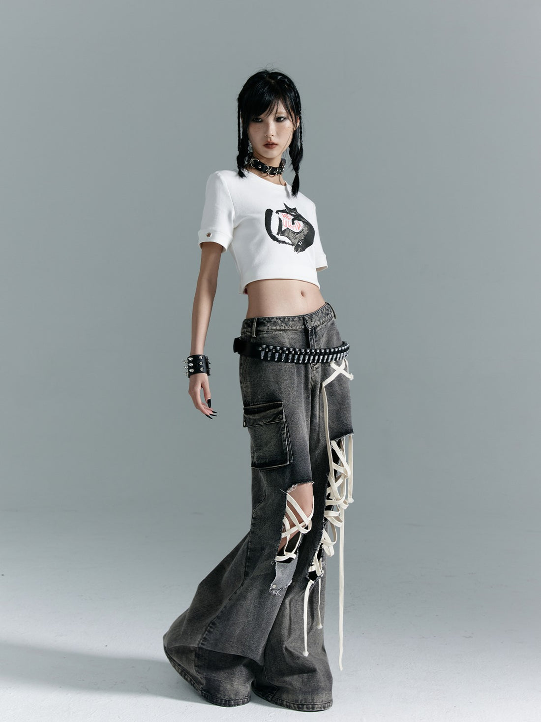 Frustration Garden Washed Punk Distressed Ripped Tie Low Waist Women&
