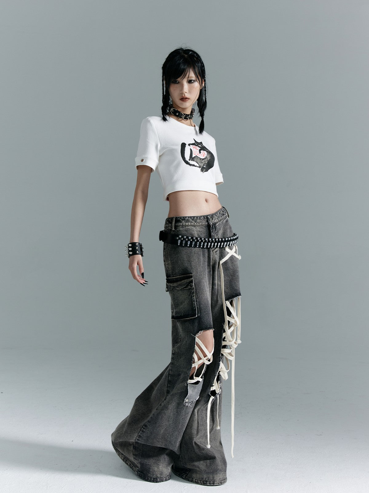 Frustration Garden Washed Punk Distressed Ripped Tie Low Waist Women&