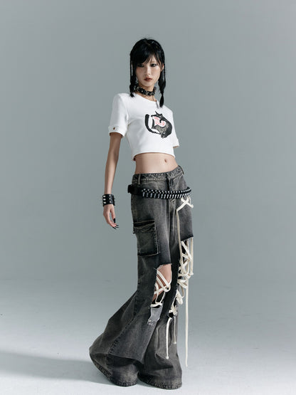 Frustration Garden Washed Punk Distressed Ripped Tie Low Waist Women&