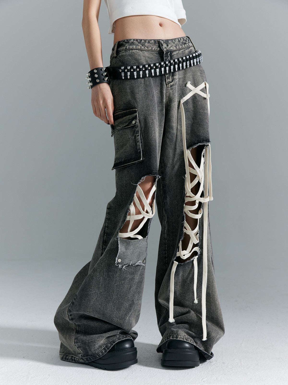 Frustration Garden Washed Punk Distressed Ripped Tie Low Waist Women&