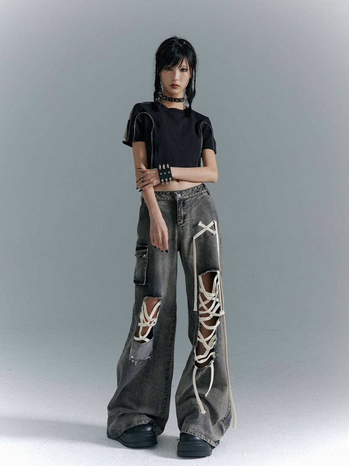 Frustration Garden Washed Punk Distressed Ripped Tie Low Waist Women&