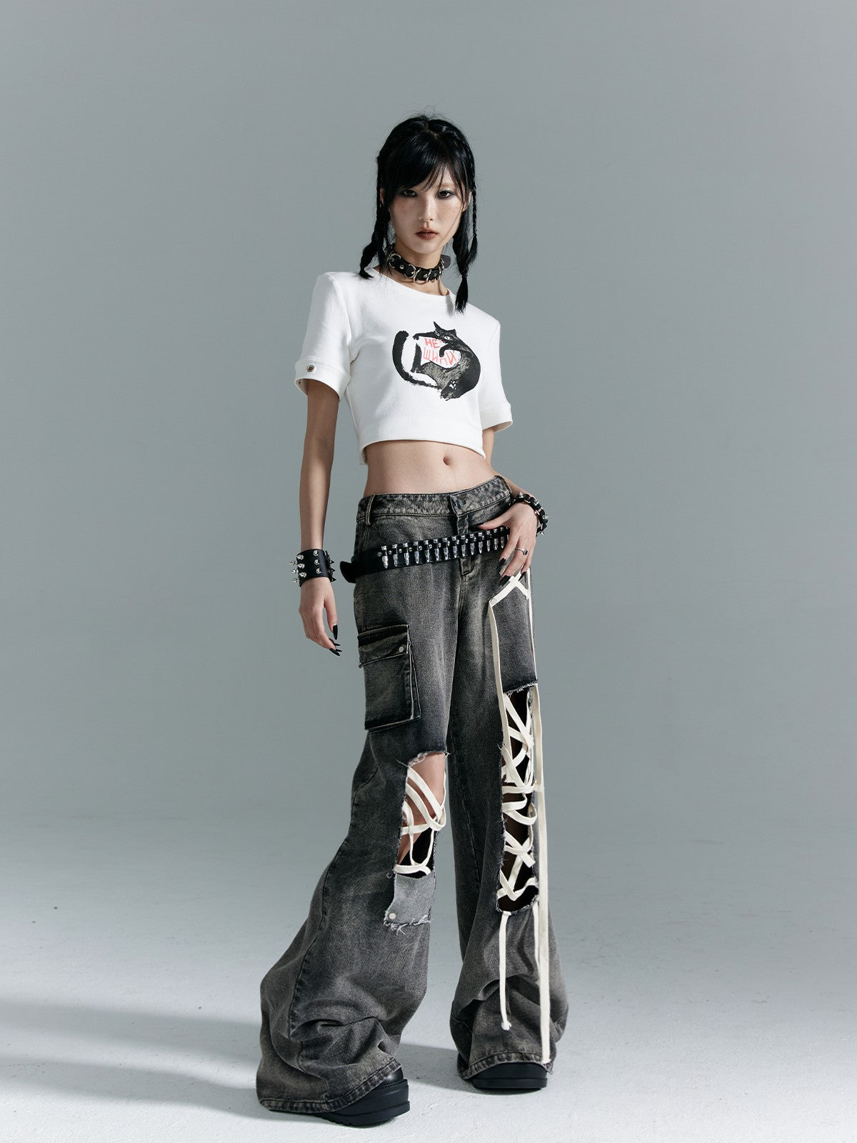 Frustration Garden Washed Punk Distressed Ripped Tie Low Waist Women&