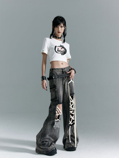 Frustration Garden Washed Punk Distressed Ripped Tie Low Waist Women&