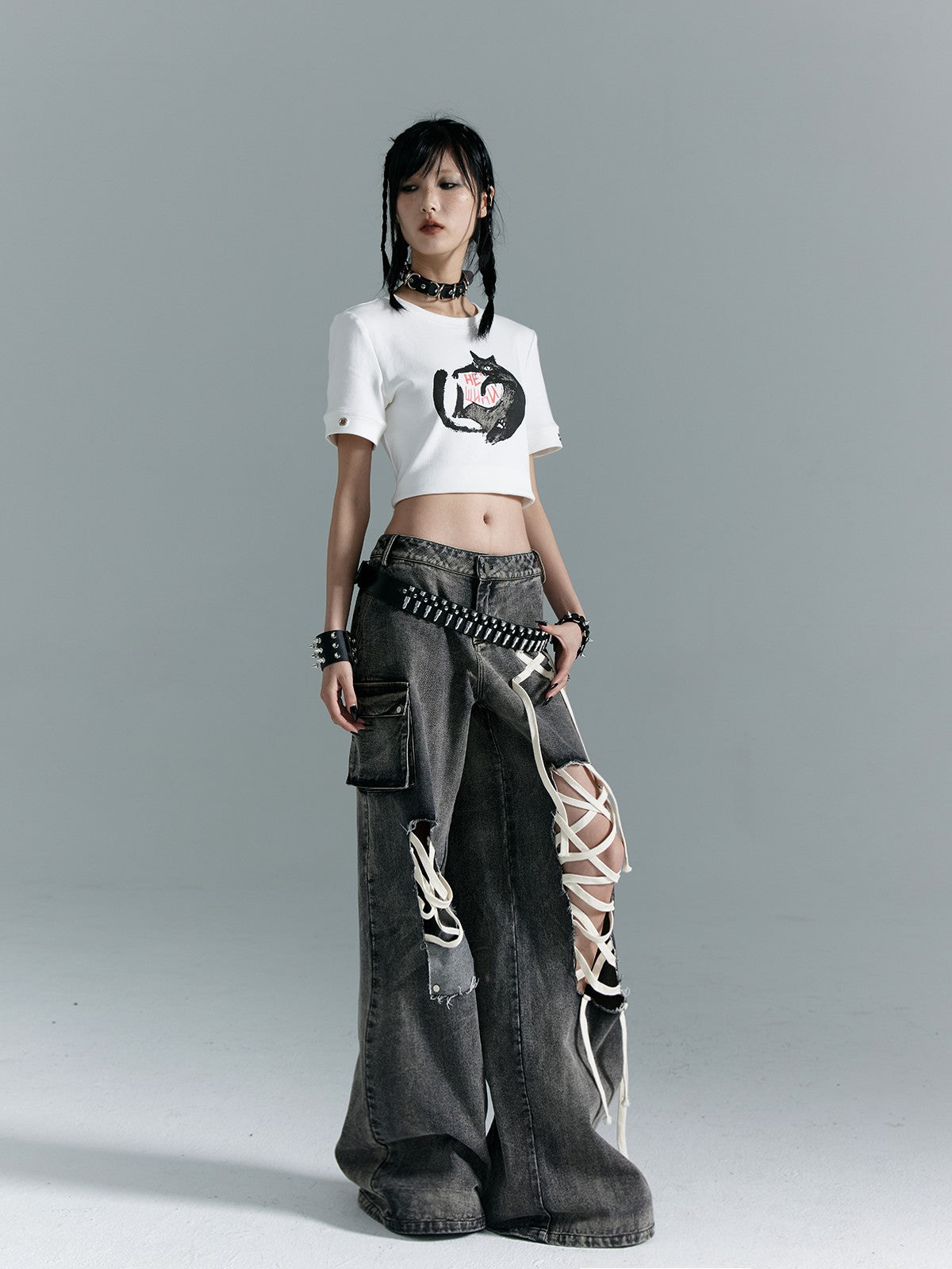 Frustration Garden Washed Punk Distressed Ripped Tie Low Waist Women&