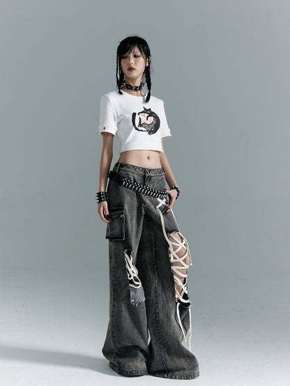 Frustration Garden Washed Punk Distressed Ripped Tie Low Waist Women&