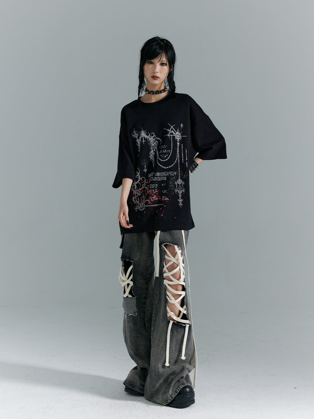 Frustration Garden Washed Punk Distressed Ripped Tie Low Waist Women&