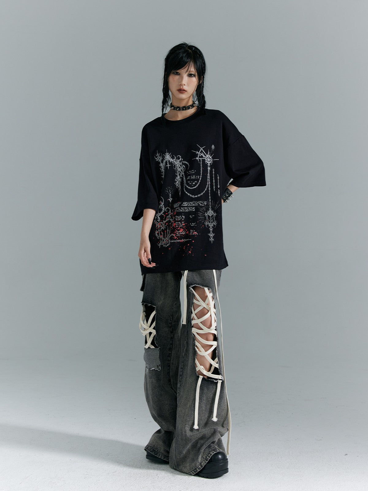 Frustration Garden Washed Punk Distressed Ripped Tie Low Waist Women&