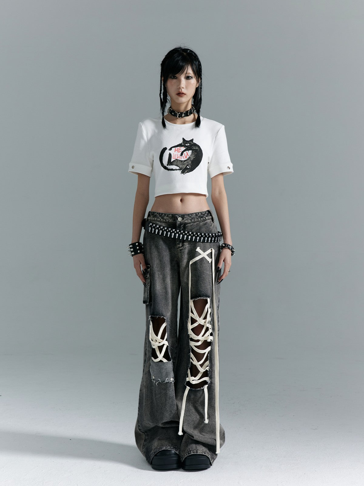 Frustration Garden Washed Punk Distressed Ripped Tie Low Waist Women&