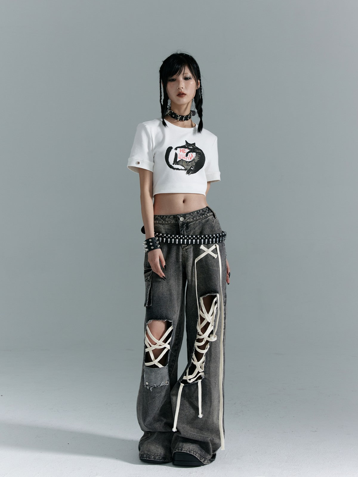 Frustration Garden Washed Punk Distressed Ripped Tie Low Waist Women&
