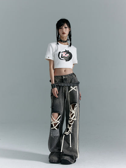 Frustration Garden Washed Punk Distressed Ripped Tie Low Waist Women&