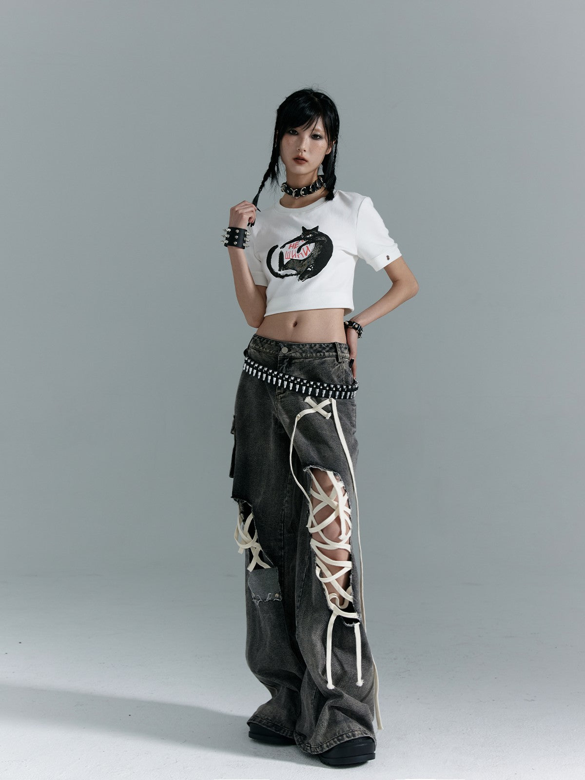 Frustration Garden Washed Punk Distressed Ripped Tie Low Waist Women&