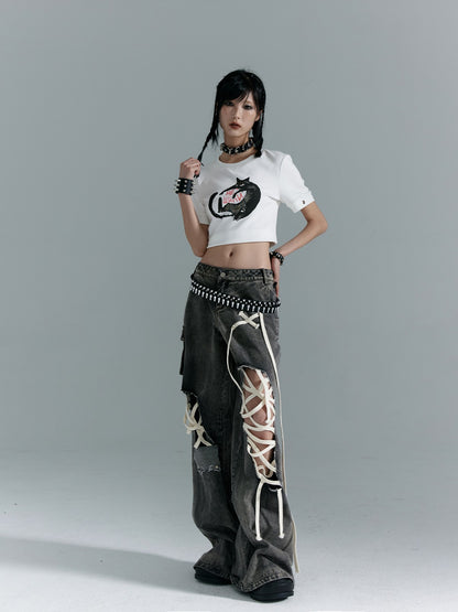 Frustration Garden Washed Punk Distressed Ripped Tie Low Waist Women&