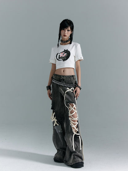 Frustration Garden Washed Punk Distressed Ripped Tie Low Waist Women&