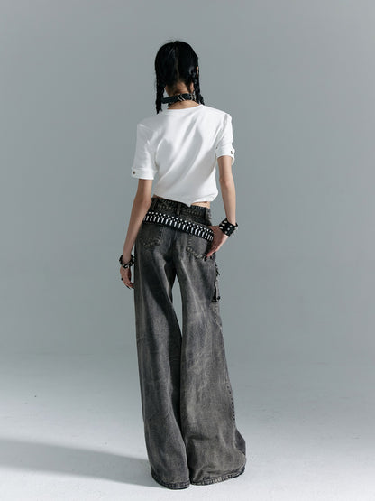 Frustration Garden Washed Punk Distressed Ripped Tie Low Waist Women&