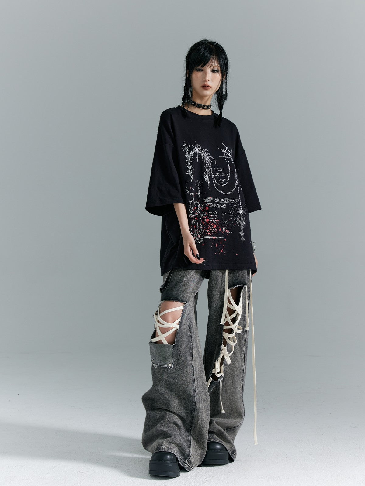 Frustration Garden Washed Punk Distressed Ripped Tie Low Waist Women&