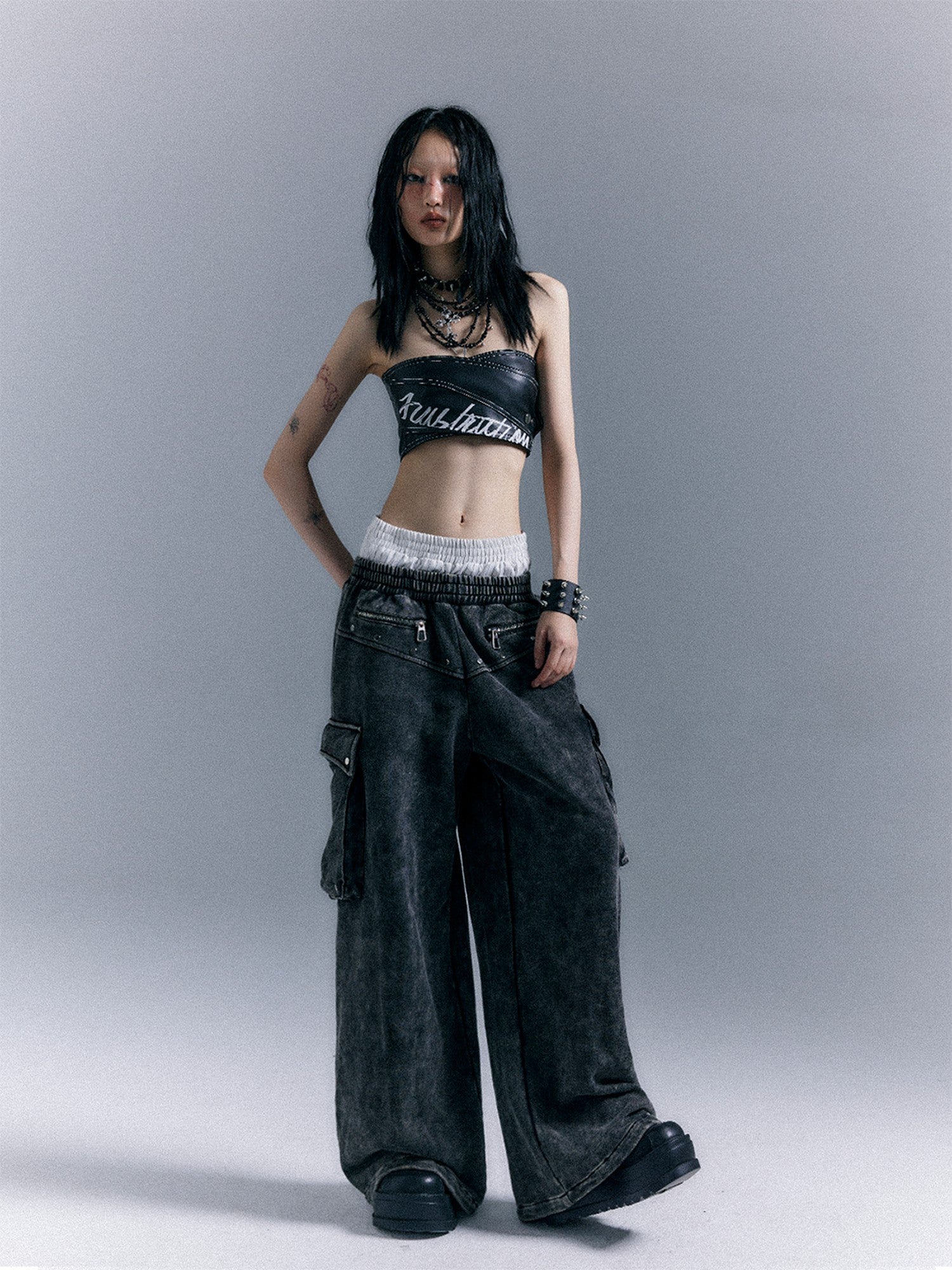 Frustration Garden Washed Street Punk 3d Pockets Double Waist Women&