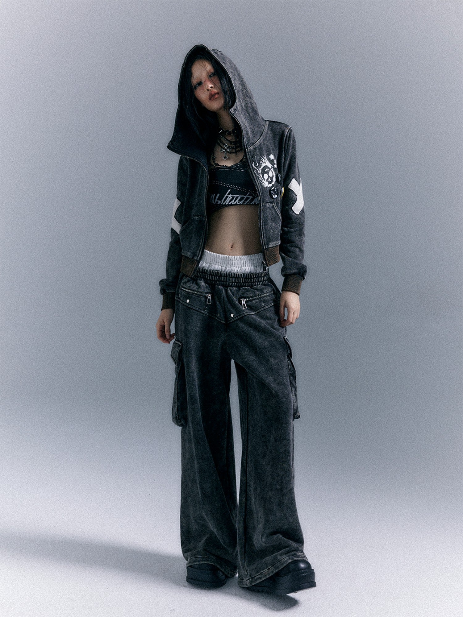 Frustration Garden Washed Street Punk 3d Pockets Double Waist Women&