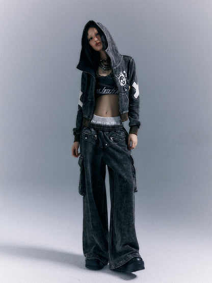 Frustration Garden Washed Street Punk 3d Pockets Double Waist Women&