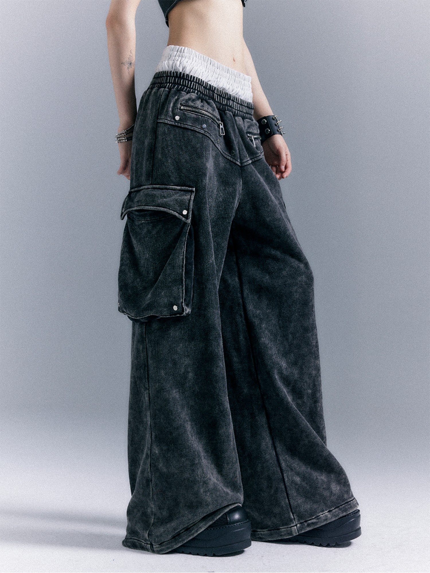 Frustration Garden Washed Street Punk 3d Pockets Double Waist Women&
