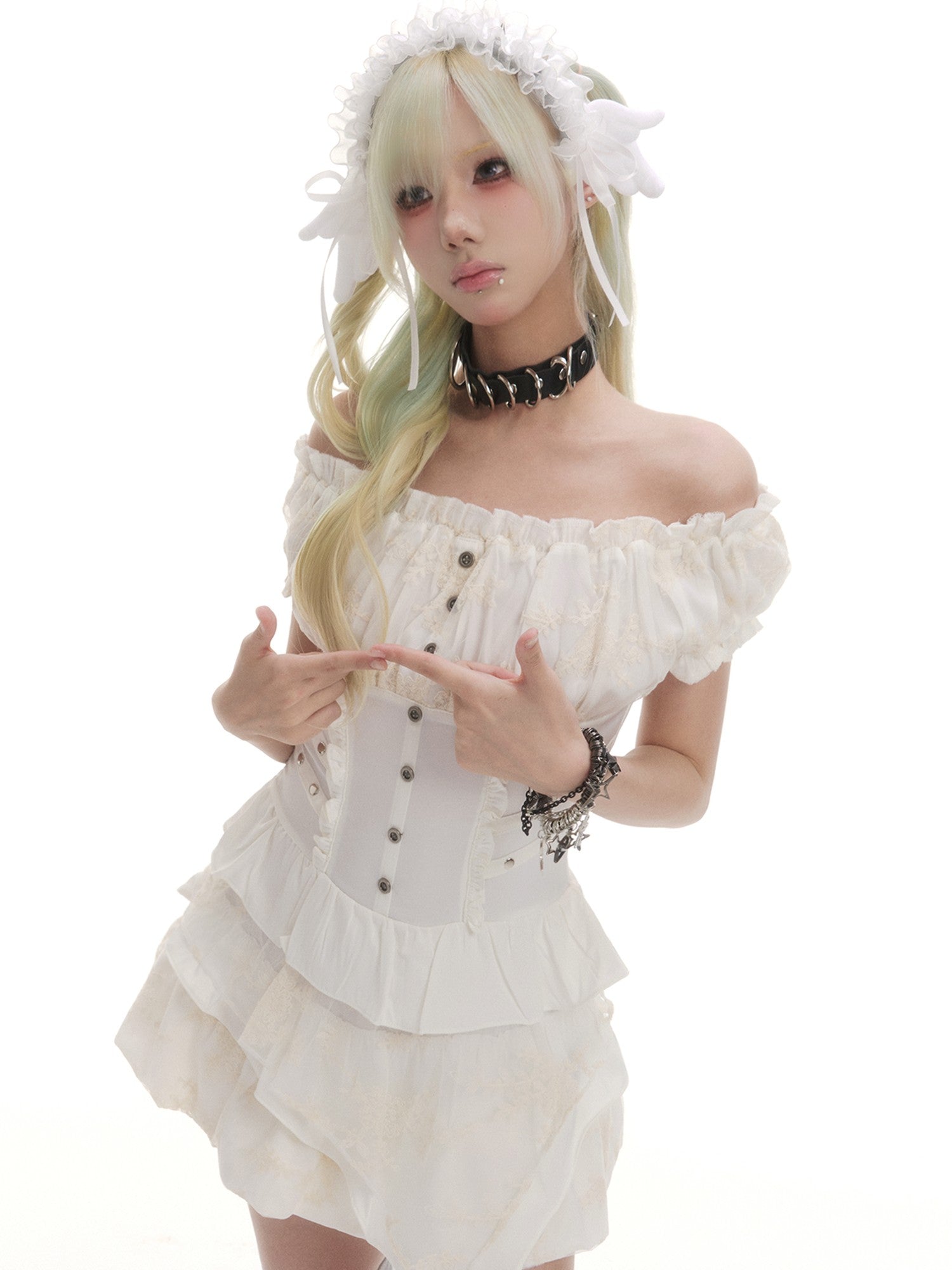 Frustration Garden White Off Shoulder Puff Sleeve Tiered Cake Women&