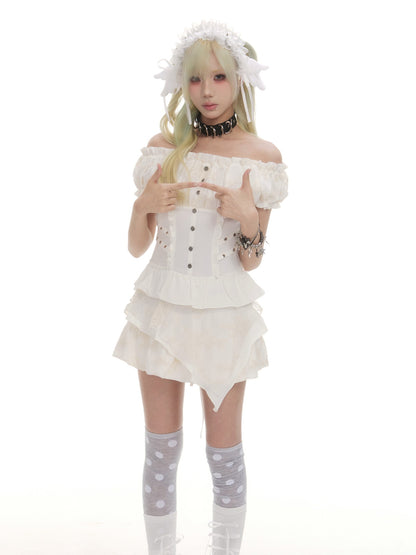Frustration Garden White Off Shoulder Puff Sleeve Tiered Cake Women&